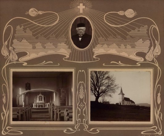 Helgen Kirke, med interir, eksterir og prest.
Helgen church c.1900.